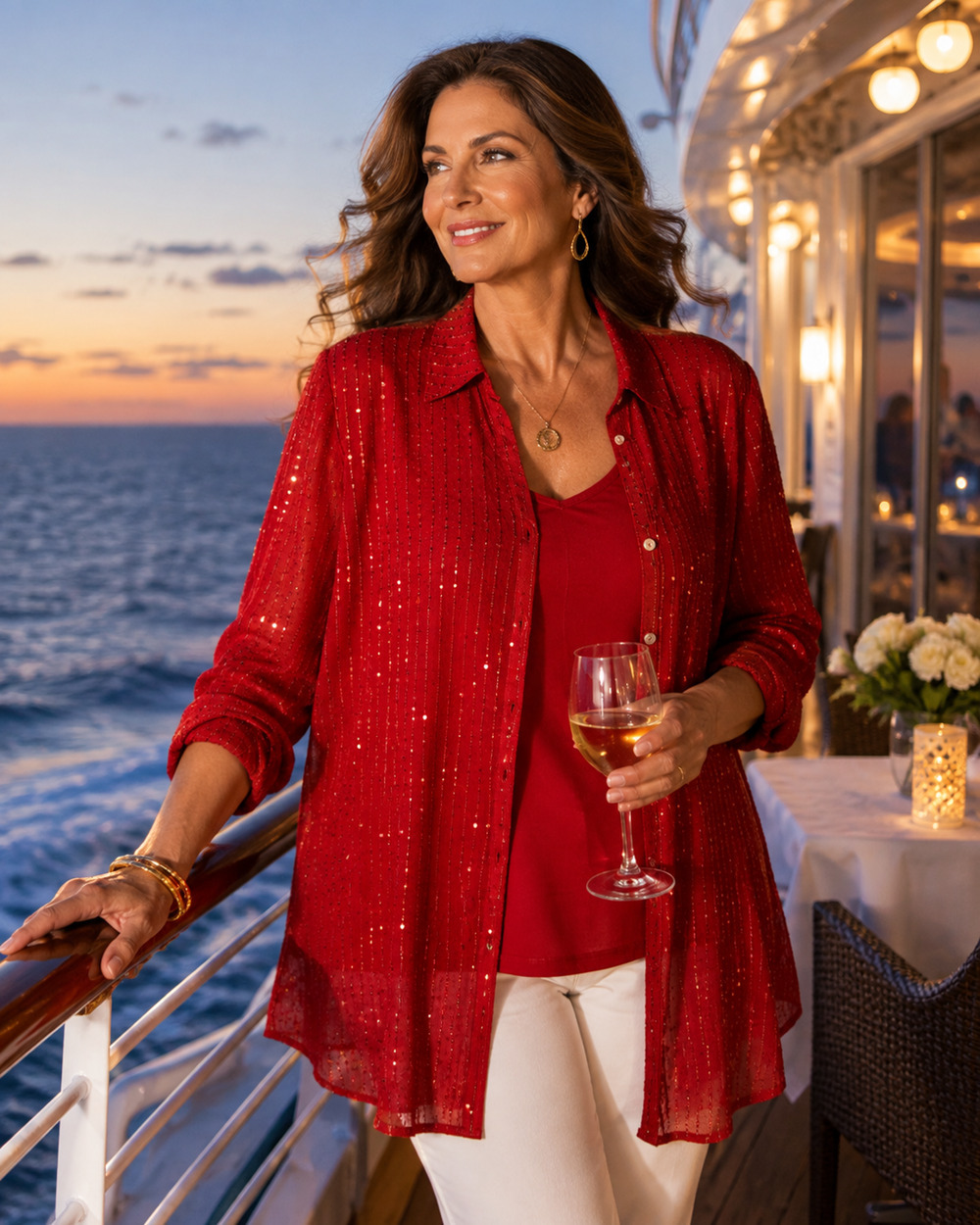 Colleen Lopez Sz M Red Sequin Tunic Top Set Sheer Long Sleeve Shirt & Tank